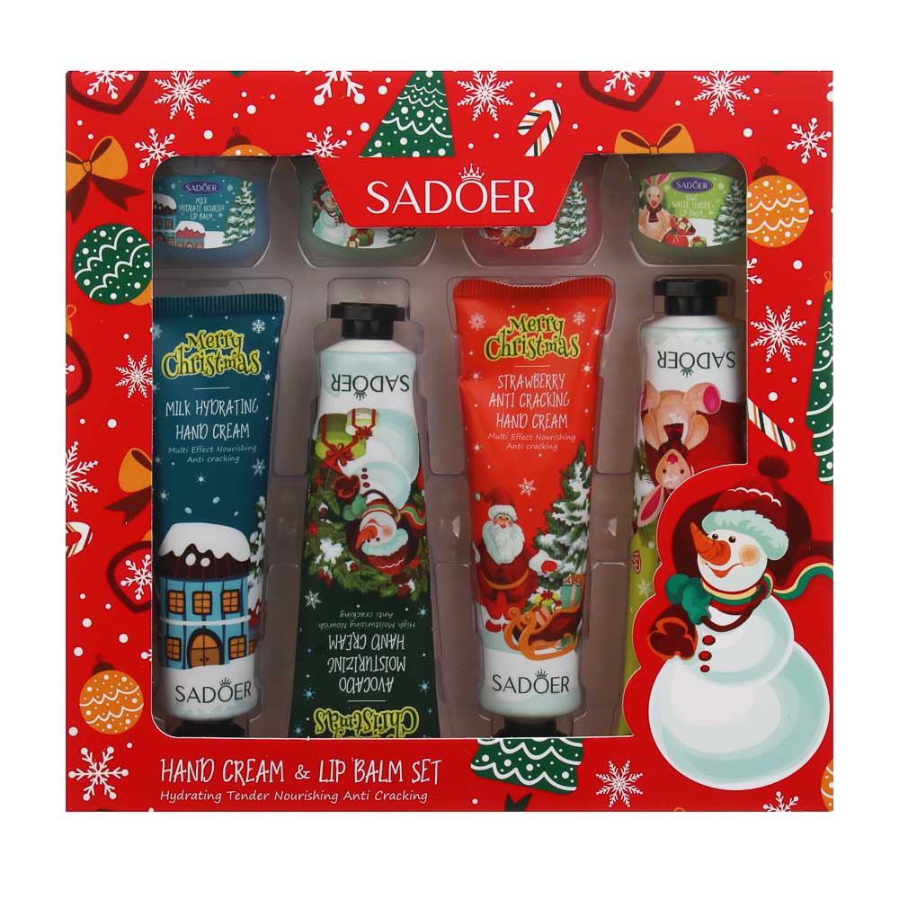 Набор 8 шт (кремы для рук 4 шт х 30гр, бальзамы для губ 4 шт х 7гр) тм SADOER Merry Xmas, подар.уп., арт.№ 022-192