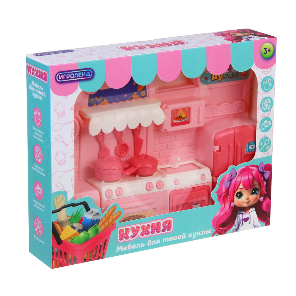 ИГРОЛЕНД Мебель для кукол, кухня с акс., PP, ABS, 21х4,5х16,5 см, арт.№ 278-117