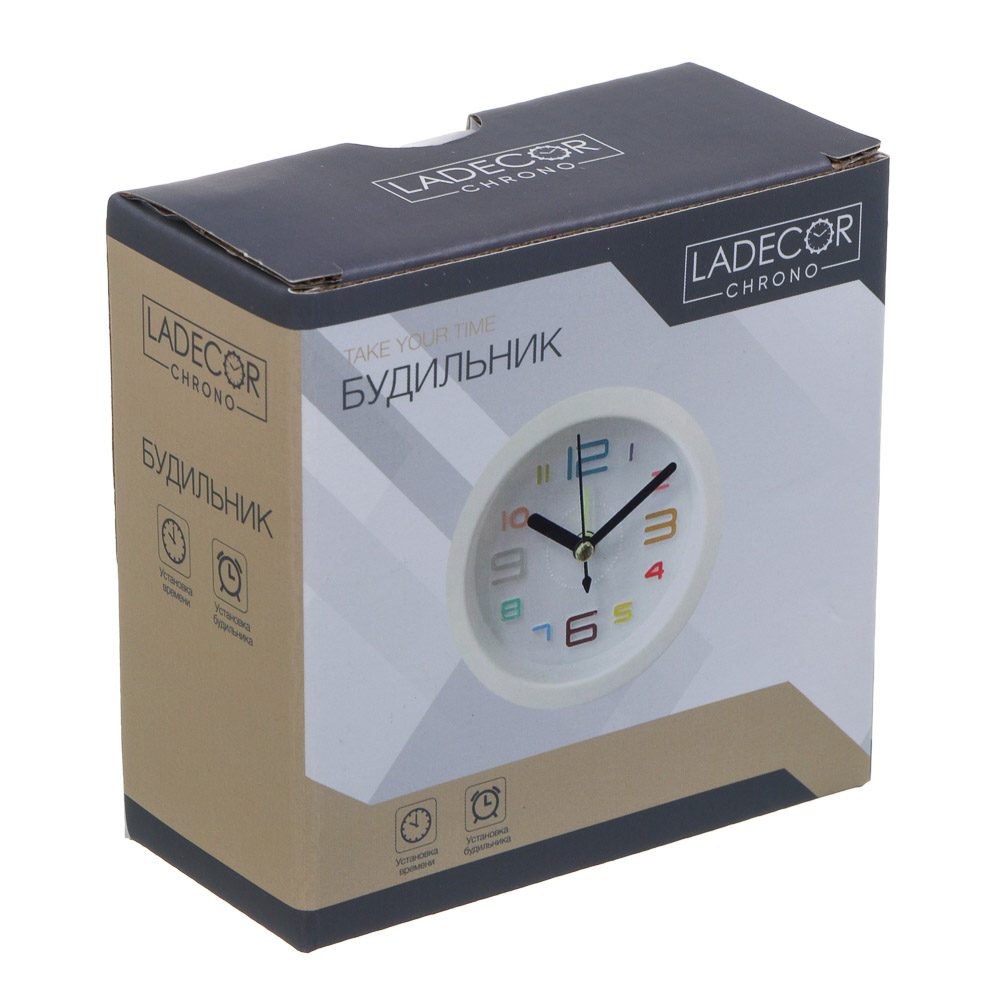 LADECOR CHRONO Будильник, 8,5x8,5x3,5 см, пластик, 1хАА, цвет белый, арт.№ 529-330