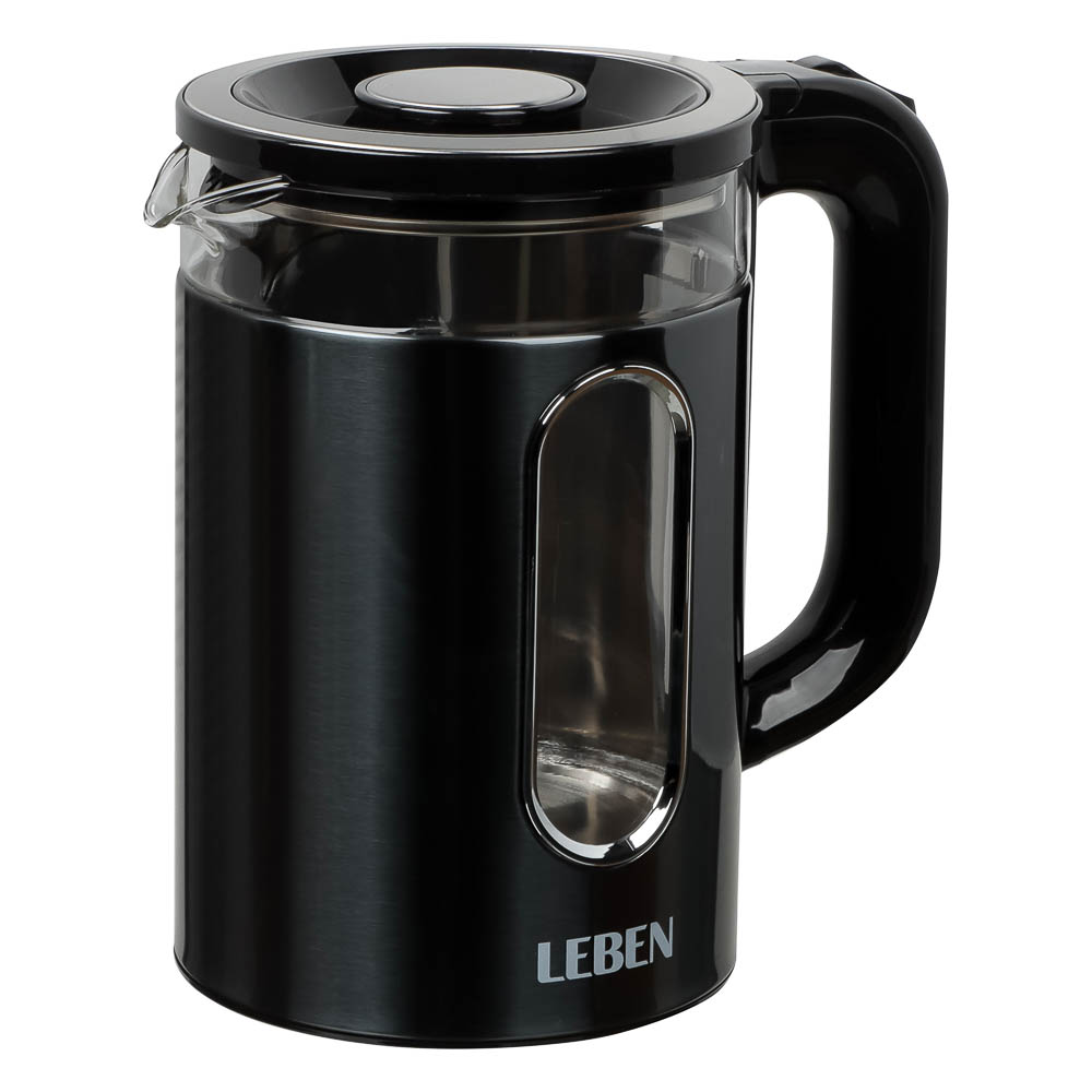 LEBEN Чайник электрический 1,8л, 1500Вт, стеклянная колба, металл, пластик, серый, арт.№ 291-143