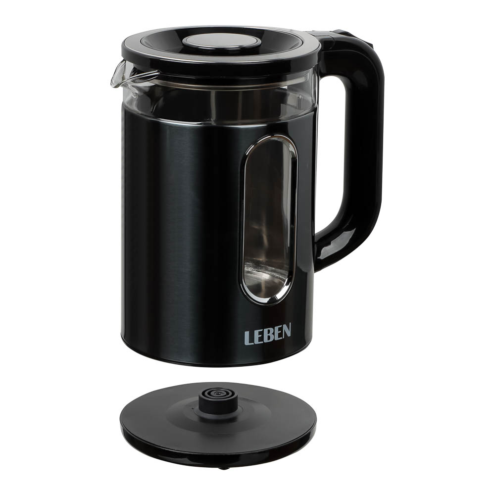 LEBEN Чайник электрический 1,8л, 1500Вт, стеклянная колба, металл, пластик, серый, арт.№ 291-143