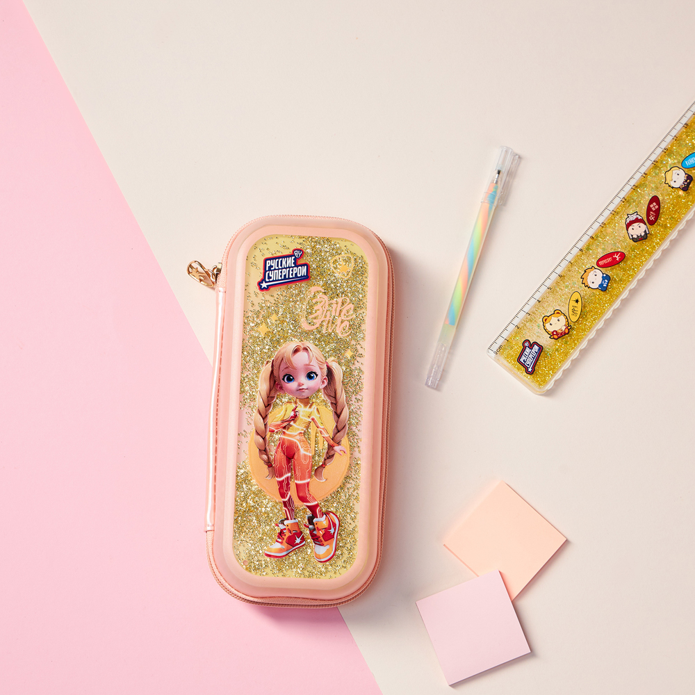 Пенал школьный каркасный 22х10х4,5 см, 1 отделение, откидная ланка, блестки в геле, "Заря джуниор" BY Русские Супергерои, арт.№ 583-005