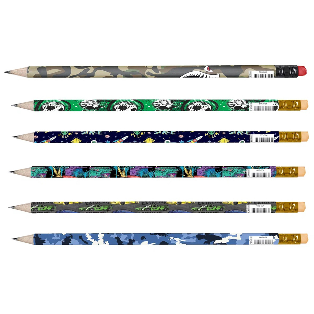Карандаш чернографитный с ластиком, HB, дерево, круглый корп. с печатью, 6 дизайнов, "Мальчики", арт.№ 605-003