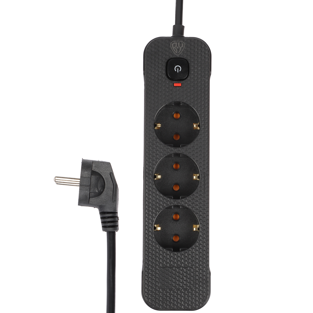 Удлинитель 3 гнезда 3м BY, с зазем. с защитой от перегрузки с выкл.черный карбон сеч провода 1мм, арт.№ 907-317