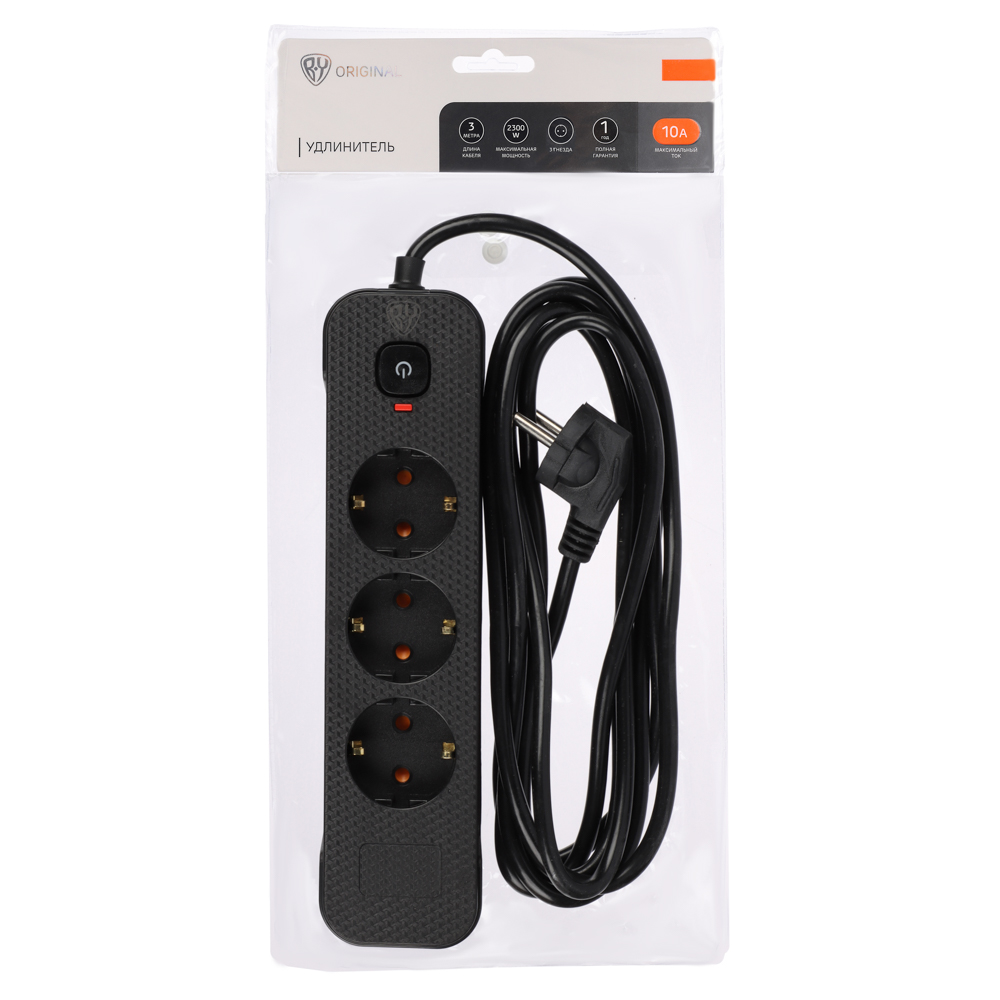Удлинитель 3 гнезда 3м BY, с зазем. с защитой от перегрузки с выкл.черный карбон сеч провода 1мм, арт.№ 907-317