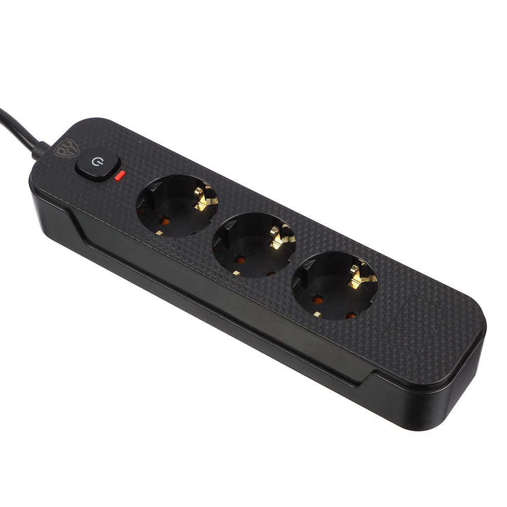 Удлинитель 3 гнезда 3м BY, с зазем. с защитой от перегрузки с выкл.черный карбон сеч провода 1мм, арт.№ 907-317