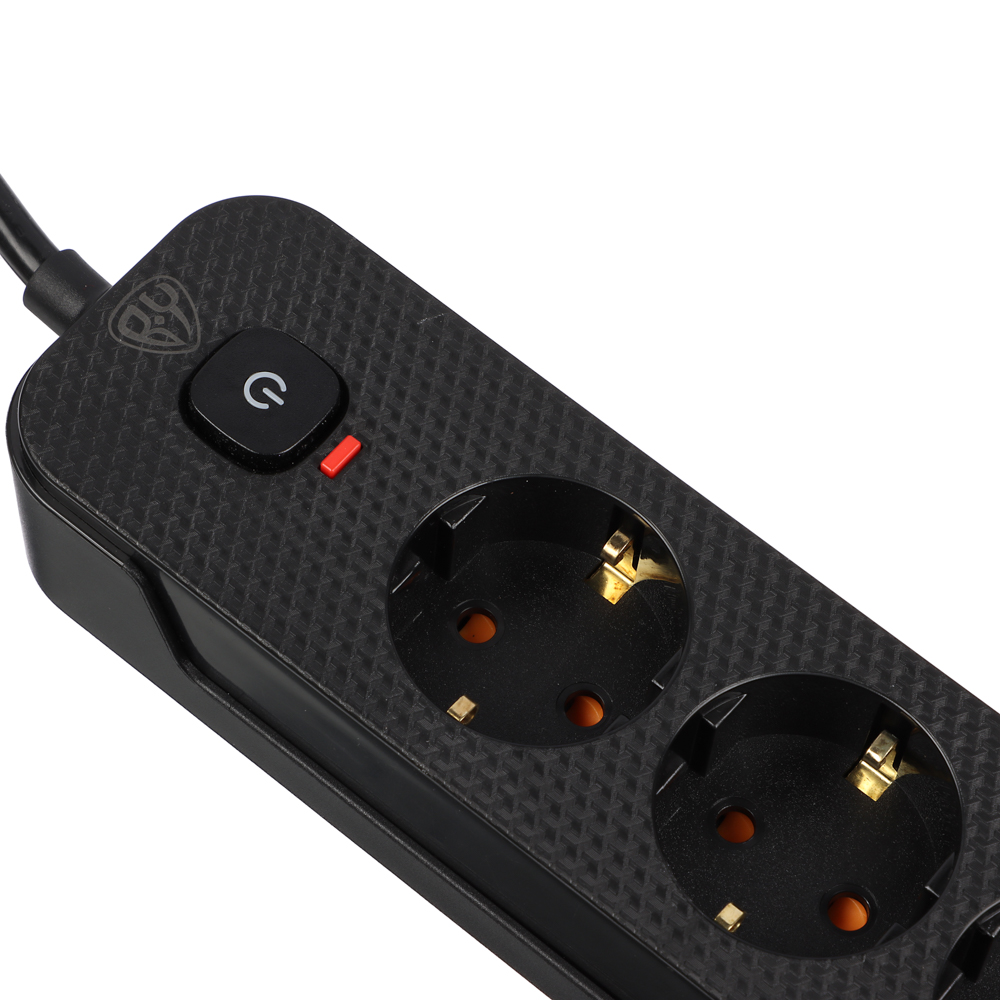 Удлинитель 3 гнезда 3м BY, с зазем. с защитой от перегрузки с выкл.черный карбон сеч провода 1мм, арт.№ 907-317