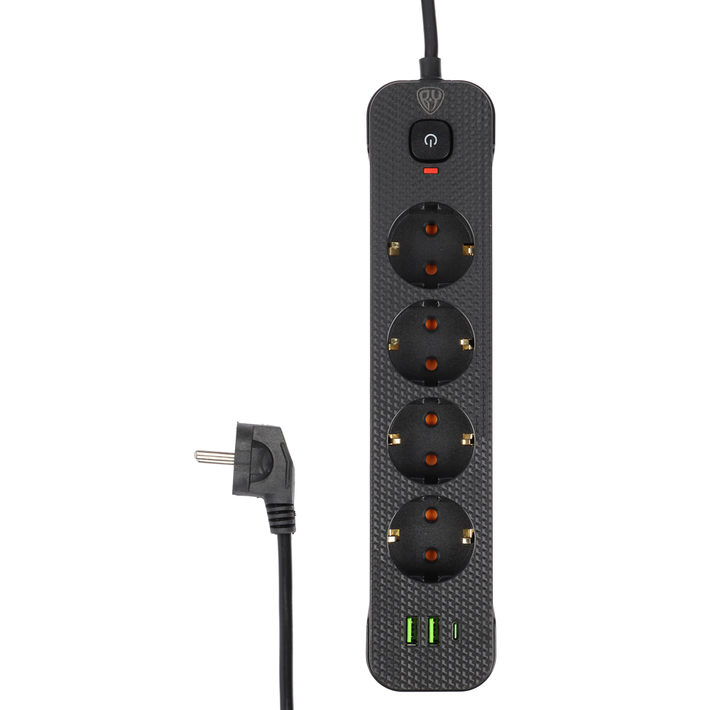 Удлинитель 4 гнезда 3м BY, с зазем. + 2USB+ 1type C с защ., с выкл. черн. карбон сеч провода 1мм, арт.№ 907-273