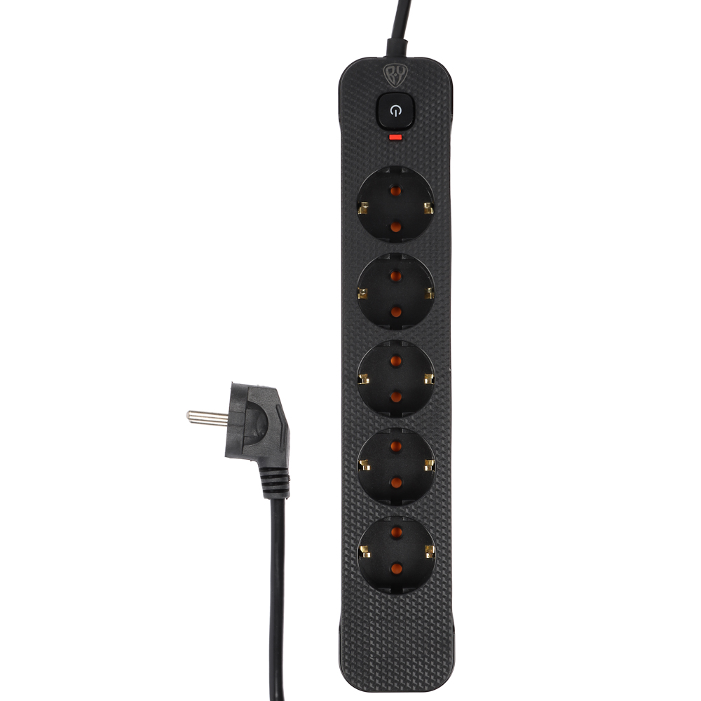 Удлинитель 5 гнезд 3м, BY, с зазем. с защитой от перегрузки с выкл. черный карбон сеч провода 1мм, арт.№ 907-320