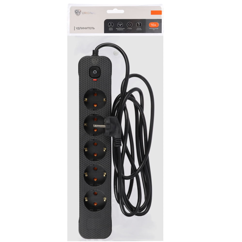Удлинитель 5 гнезд 3м, BY, с зазем. с защитой от перегрузки с выкл. черный карбон сеч провода 1мм, арт.№ 907-320