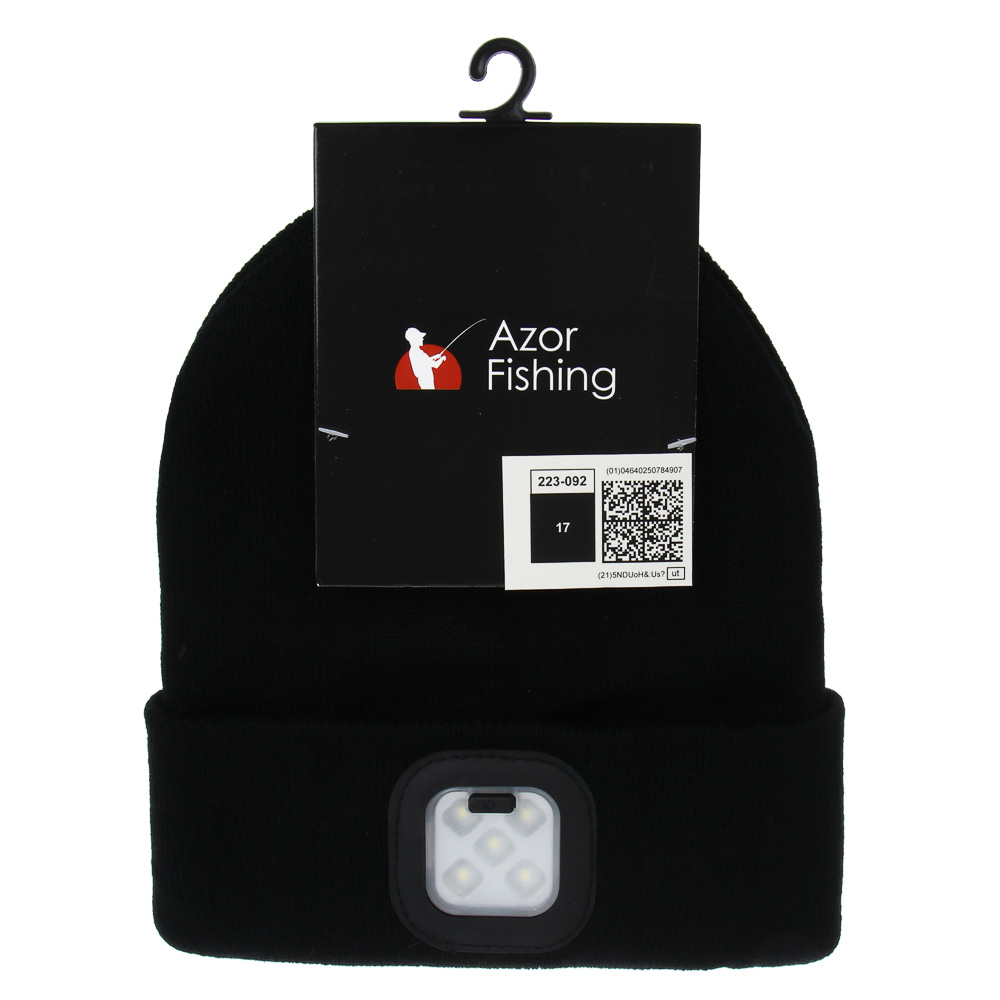 Шапка акрил с фонарем налобным тм AZOR FISHING, 22,5х19 см, LED, 3 режима, 400лм, 200 мАч, USB, арт.№ 223-092