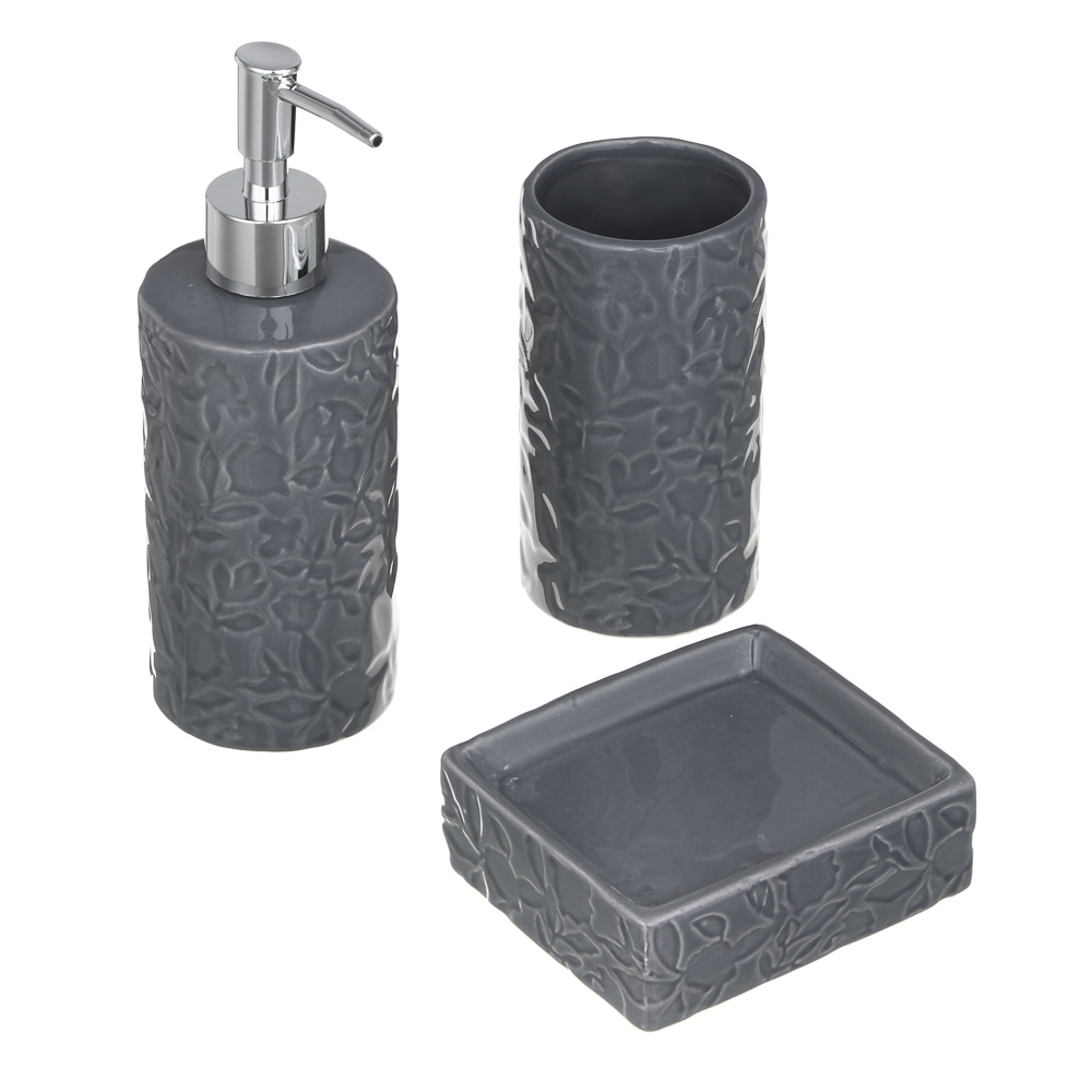 VETTA Стакан для ванной комнаты, керамика, 7x7x13 см, листья, серый, арт.№ 478-205