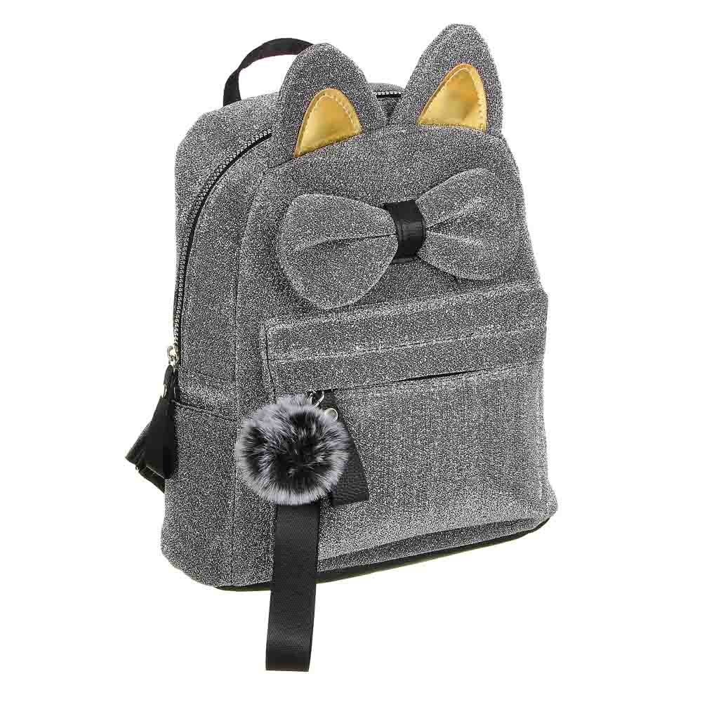Мини-рюкзак 30x28x12см, 1 отд., 3карм., аппликация, ПЭ с блестками, отд.иск.кожей, брелок, 4 цв., арт.№ 254-537