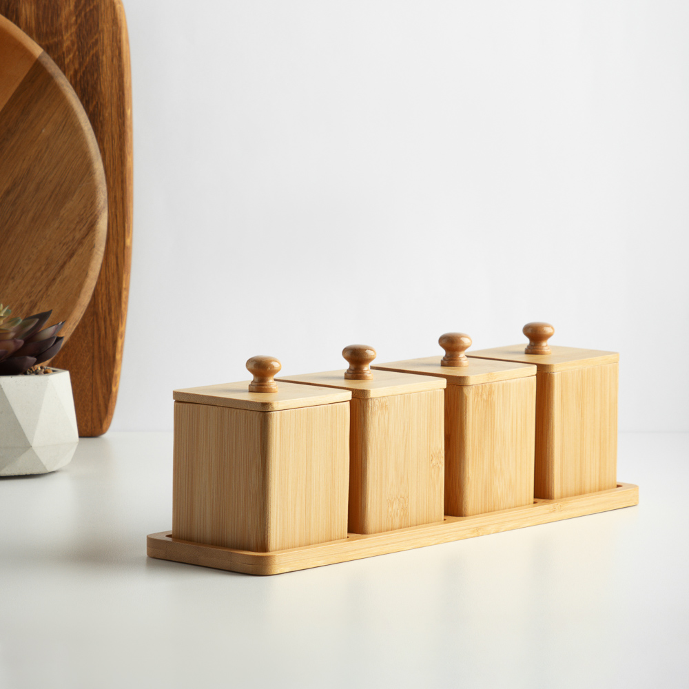 SATOSHI Набор банок для специй с крышками на подставке (7х7х10см – 4шт.), бамбук, арт.№ 883-545