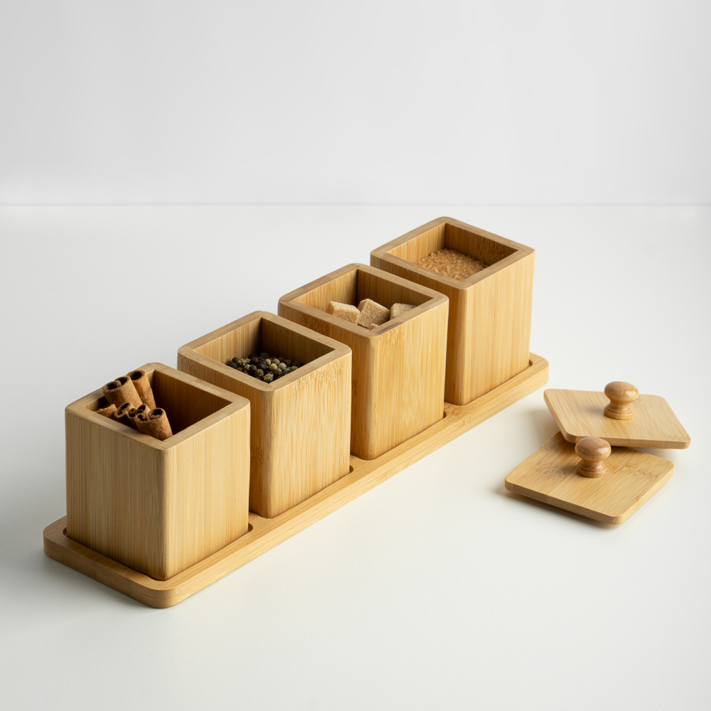SATOSHI Набор банок для специй с крышками на подставке (7х7х10см – 4шт.), бамбук, арт.№ 883-545