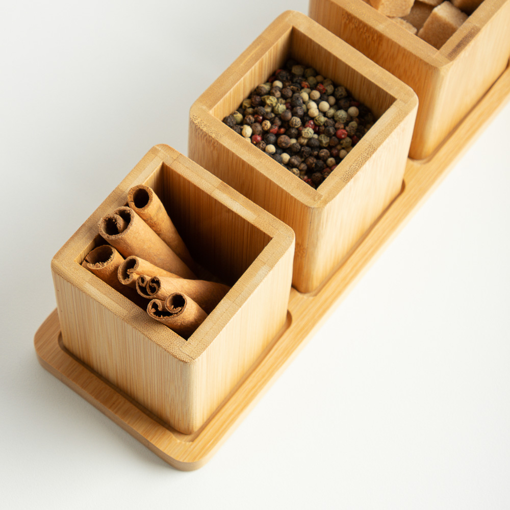 SATOSHI Набор банок для специй с крышками на подставке (7х7х10см – 4шт.), бамбук, арт.№ 883-545