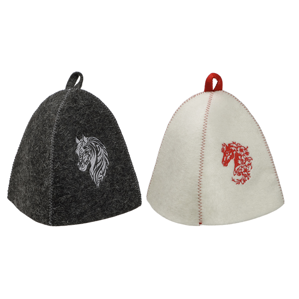 Шапка банная с вышивкой КОНЬ, войлок белый/серый, арт.№ 364-265