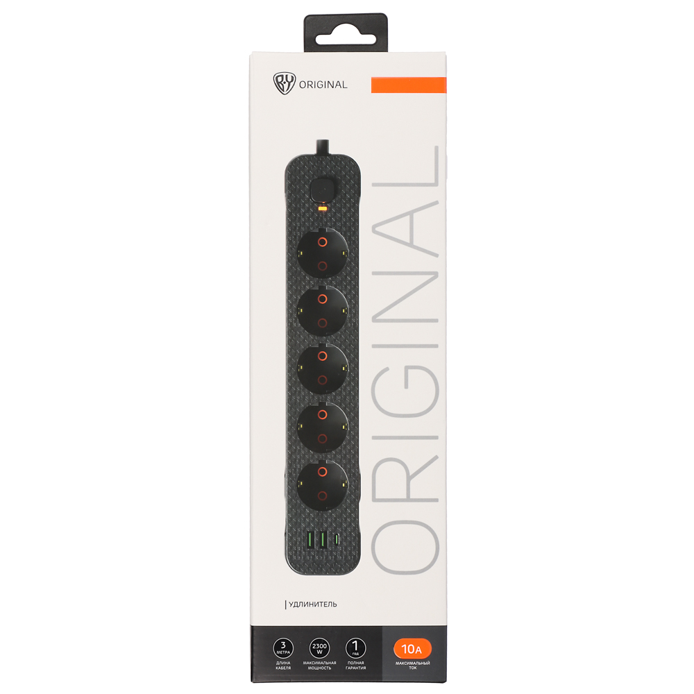 Удлинитель 5 гнезд 3м, BY, с зазем. + 2USB+ 1type C с защитой, с выкл.черн карбон сеч провода 1мм, арт.№ 907-274