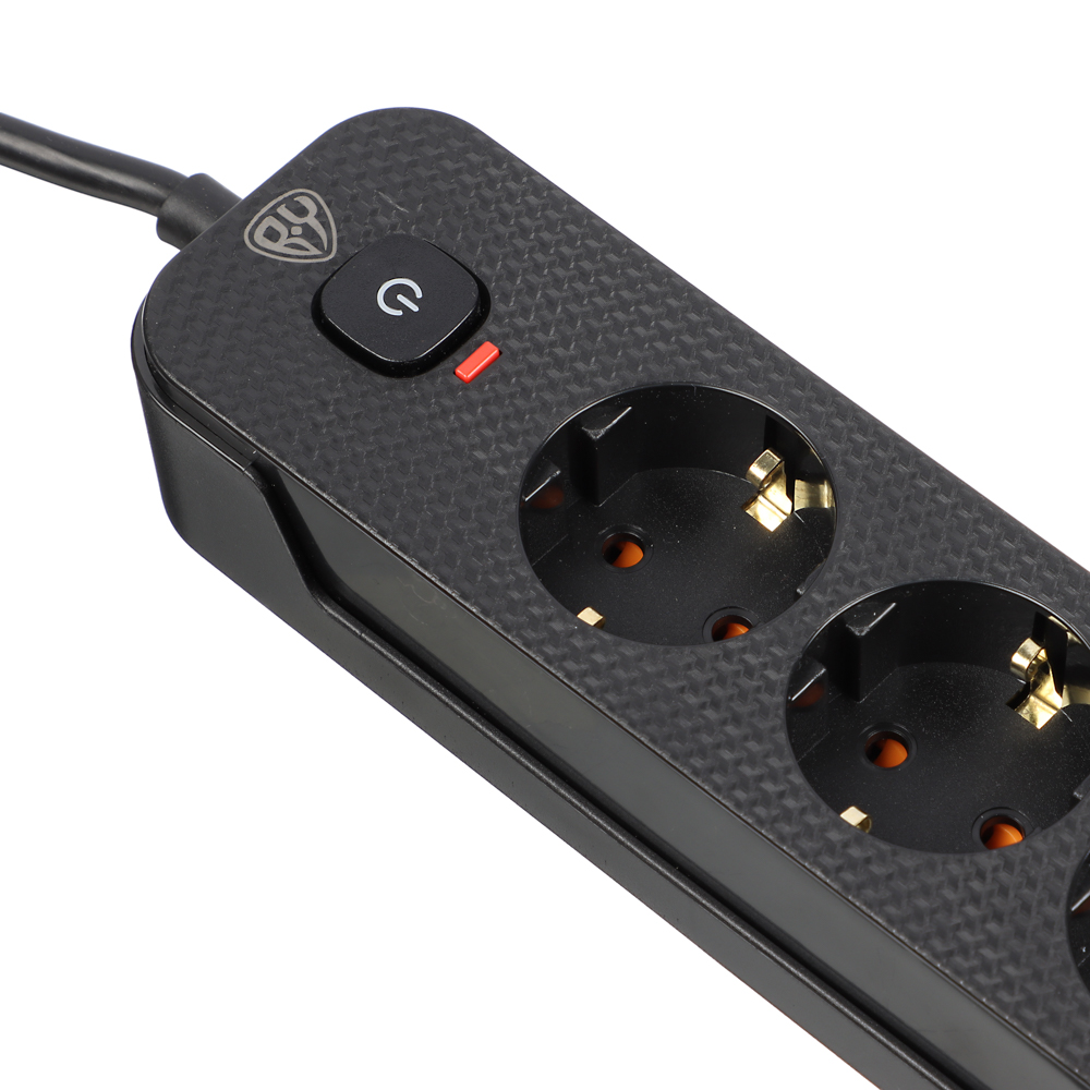 Удлинитель 5 гнезд 3м, BY, с зазем. + 2USB+ 1type C с защитой, с выкл.черн карбон сеч провода 1мм, арт.№ 907-274