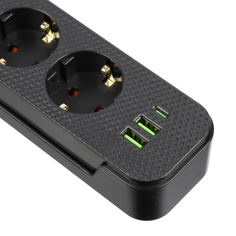 Удлинитель 5 гнезд 3м, BY, с зазем. + 2USB+ 1type C с защитой, с выкл.черн карбон сеч провода 1мм, арт.№ 907-274