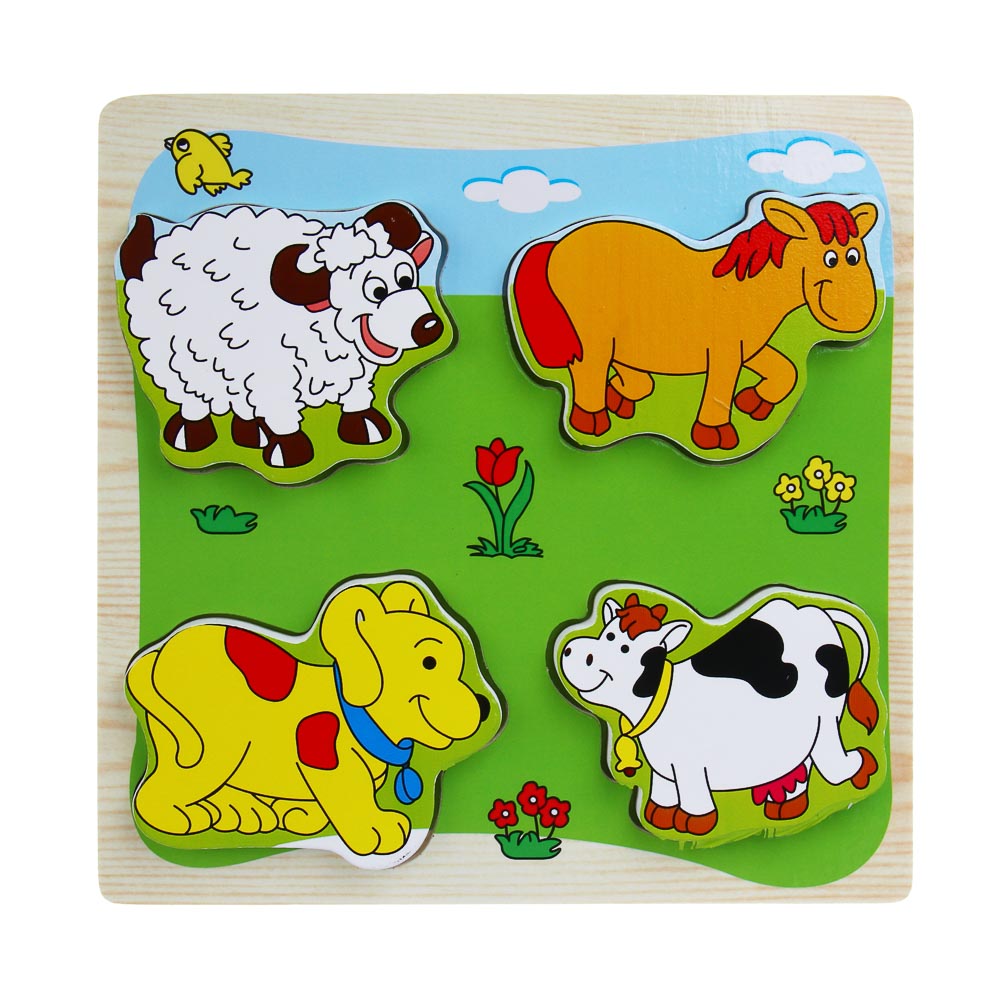 ИГРОЛЕНД Игрушка развивающая "Рамка вкладка", 4 элемента, 14,5х14,5х1см, дерево, 16 дизайнов, арт.№ 262-550