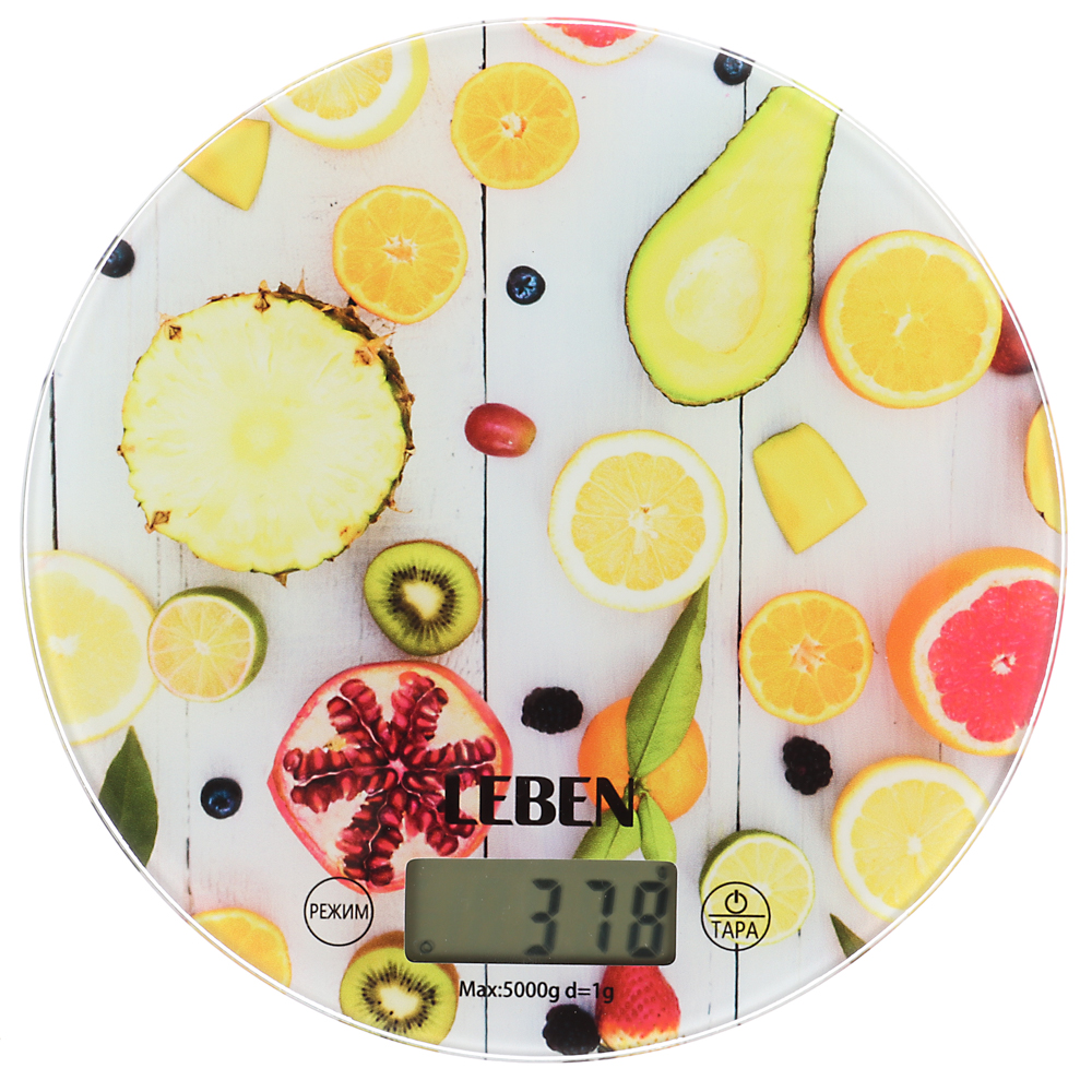 LEBEN Весы кухонные электронные, стекло с дизайном, круг, макс.нагр. 5кг (точн.измер. 1гр), арт.№ 268-063