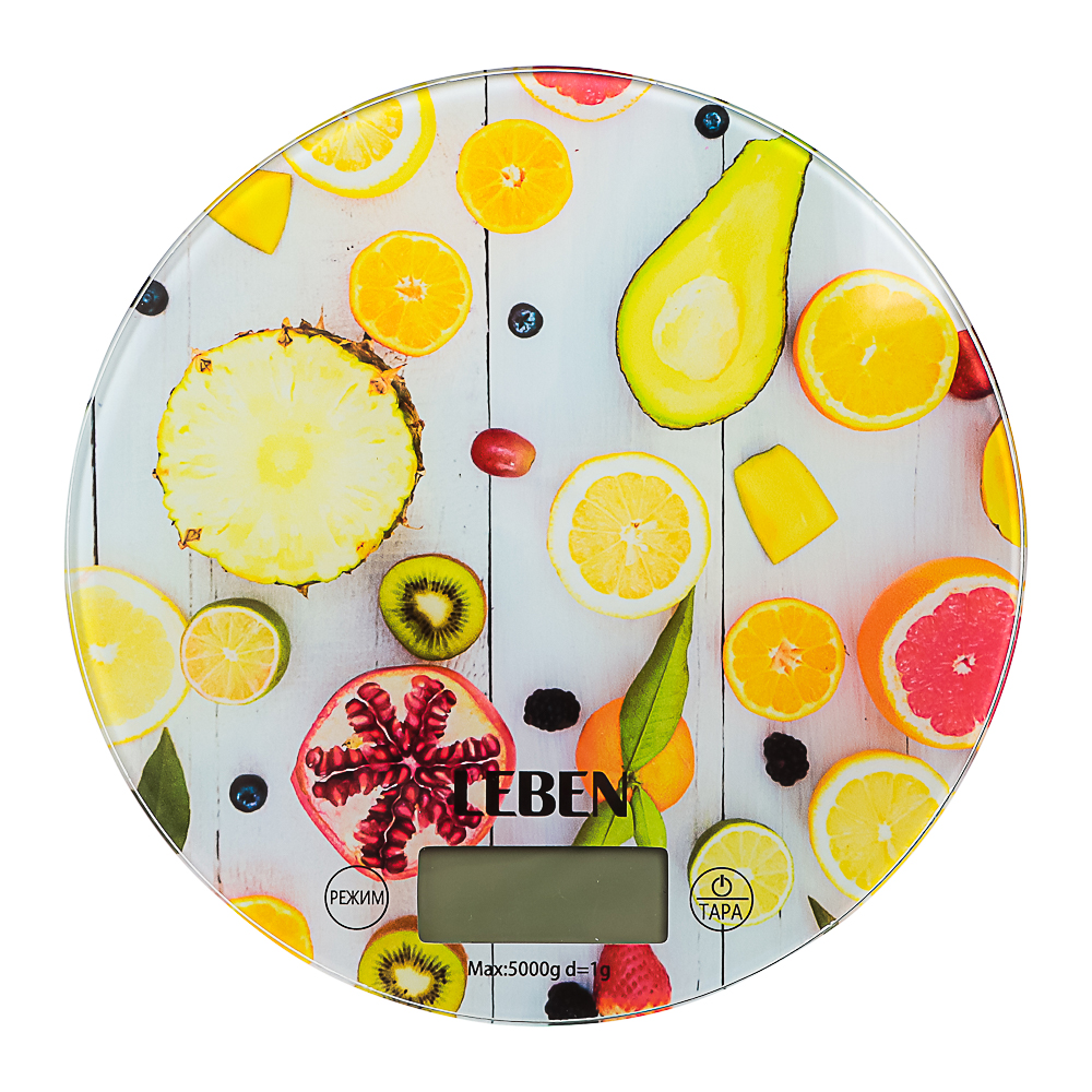 LEBEN Весы кухонные электронные, стекло с дизайном, круг, макс.нагр. 5кг (точн.измер. 1гр), арт.№ 268-063