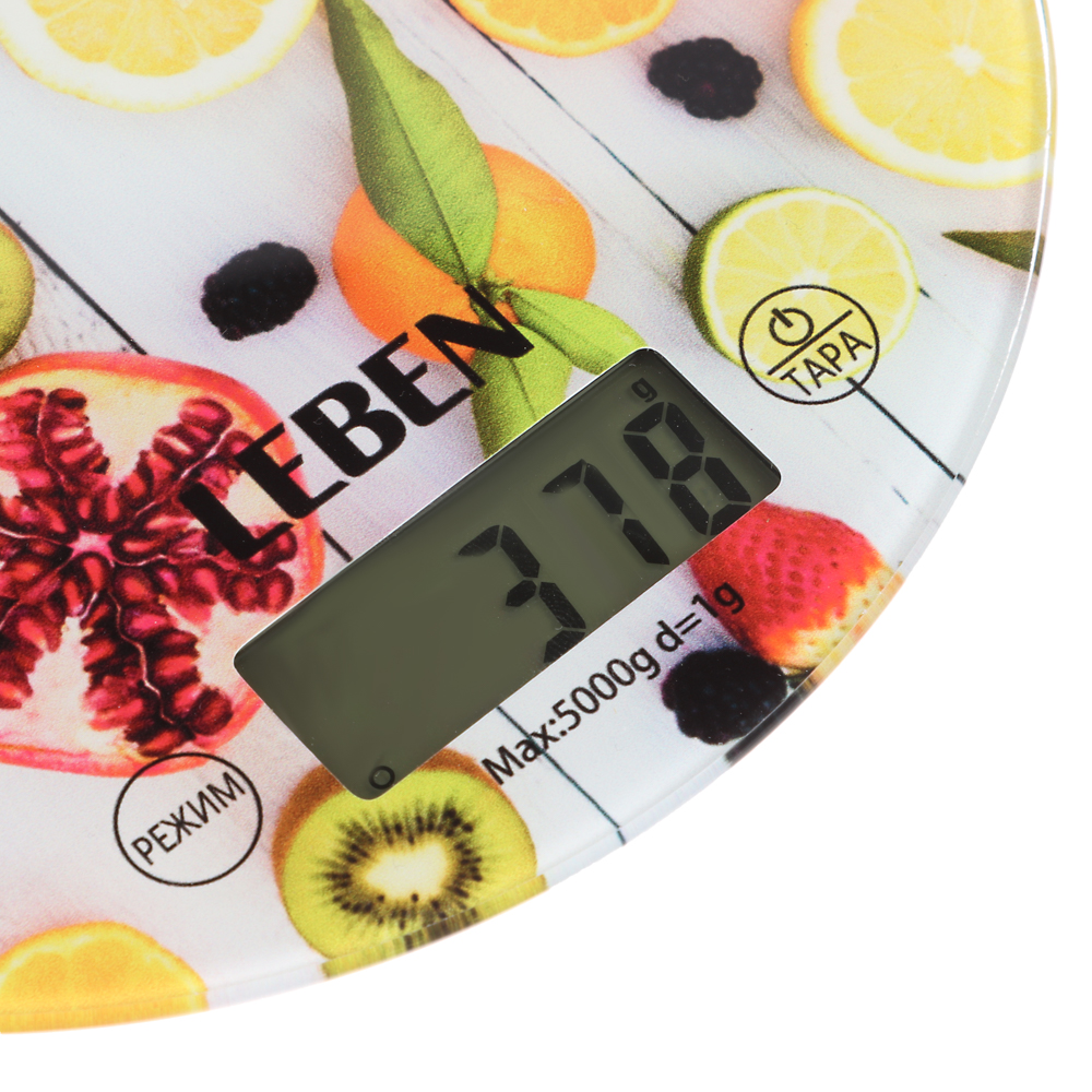 LEBEN Весы кухонные электронные, стекло с дизайном, круг, макс.нагр. 5кг (точн.измер. 1гр), арт.№ 268-063