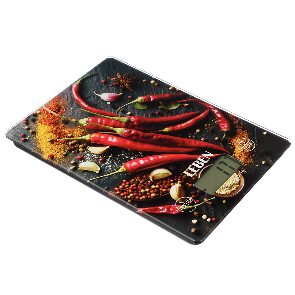 LEBEN Весы кухонные электронные, прямоуг., стекло с дизайном, макс.нагр. 5кг (точн.измер. 1гр), арт.№ 268-064
