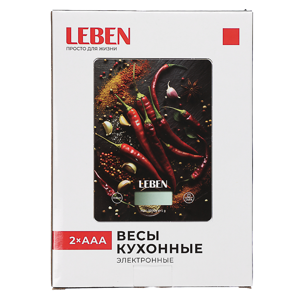 LEBEN Весы кухонные электронные, прямоуг., стекло с дизайном, макс.нагр. 5кг (точн.измер. 1гр), арт.№ 268-064