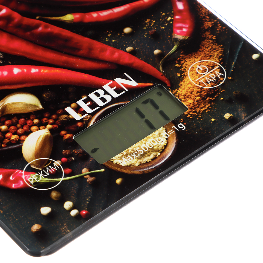 LEBEN Весы кухонные электронные, прямоуг., стекло с дизайном, макс.нагр. 5кг (точн.измер. 1гр), арт.№ 268-064