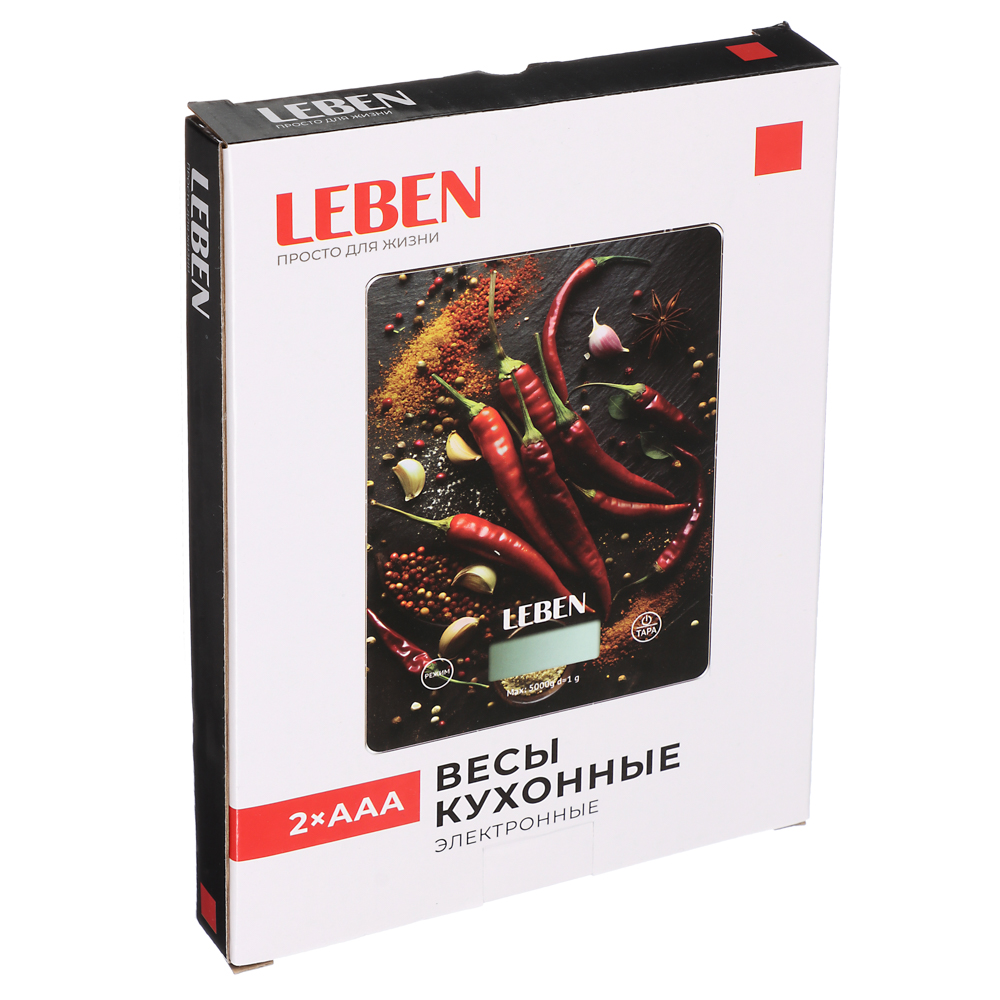 LEBEN Весы кухонные электронные, прямоуг., стекло с дизайном, макс.нагр. 5кг (точн.измер. 1гр), арт.№ 268-064