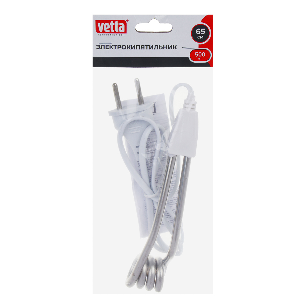 Электрокипятильник 500Вт тм VETTA, 250В, шнур 65см, погружная часть 10см, арт.№ 909-006