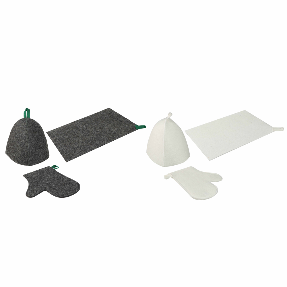 Набор банный ЭКОНОМ 3 предмета (шапка, коврик, рукавица) в пакете, войлок белый/серый, арт.№ 364-270