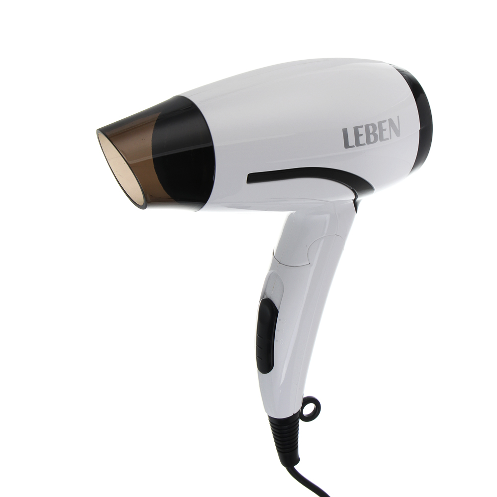 LEBEN Фен для волос, складной, 1200 Вт, 2 скорости, бело-черный, концентратор, арт.№ 259-228