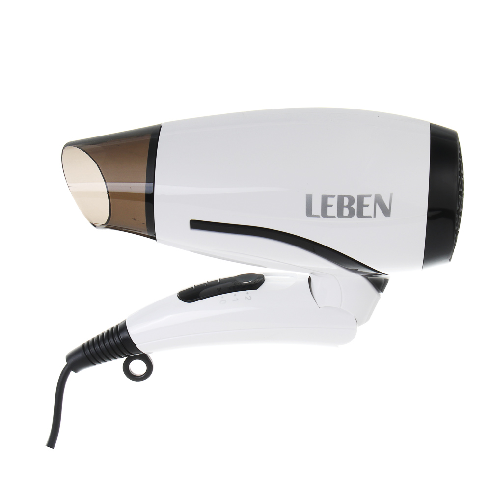 LEBEN Фен для волос, складной, 1200 Вт, 2 скорости, бело-черный, концентратор, арт.№ 259-228