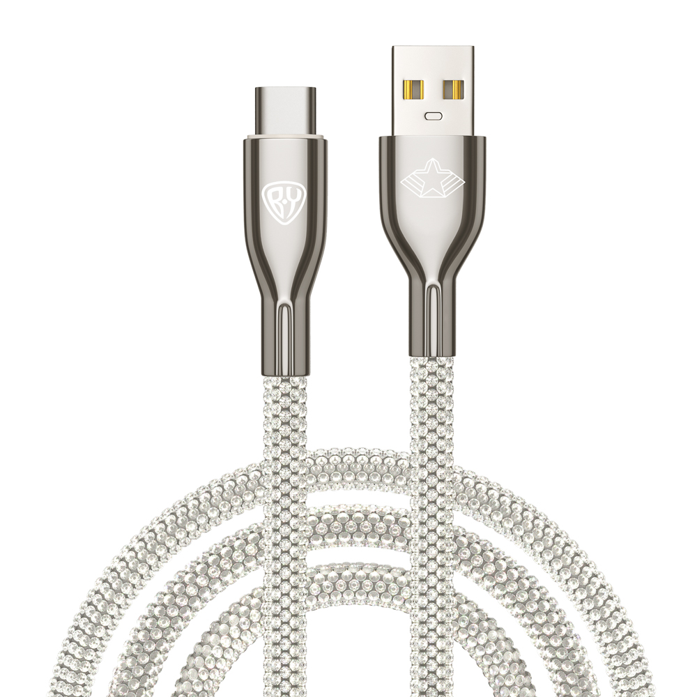 Кабель для зарядки USB(A)-Type C BY Родина КРИСТАЛЛЫ, 1м, Быстрая зарядка 3А, QC, PD 36Вт,серебряный, арт.№ 931-516