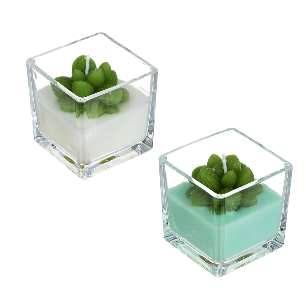 Свеча - кактус, парафин, 6x6,5 см, стеклянный подсвечник, арт.№ 562-142