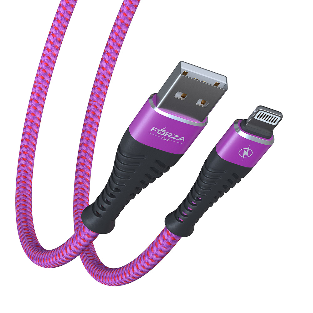 Кабель для зарядки USB(A)-iP FORZA Венеция, 1м, 2А, тканевая оплётка, 3 цвета, пакет, арт.№ 916-228