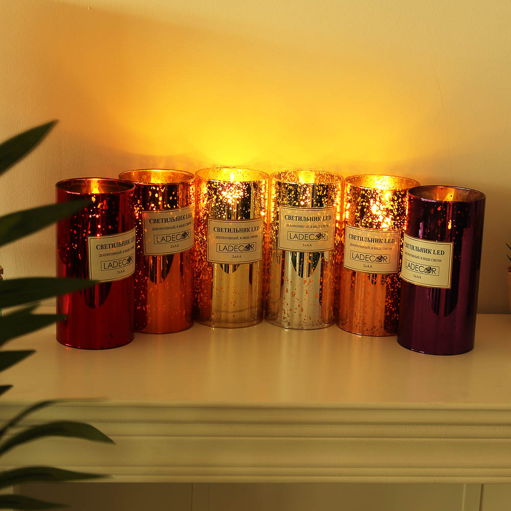 Светильник декоративный LED, стекло, парафин, 7,6x15 см, 2xАА, 1 режим свечения, 6 цветов, арт.№ 396-858