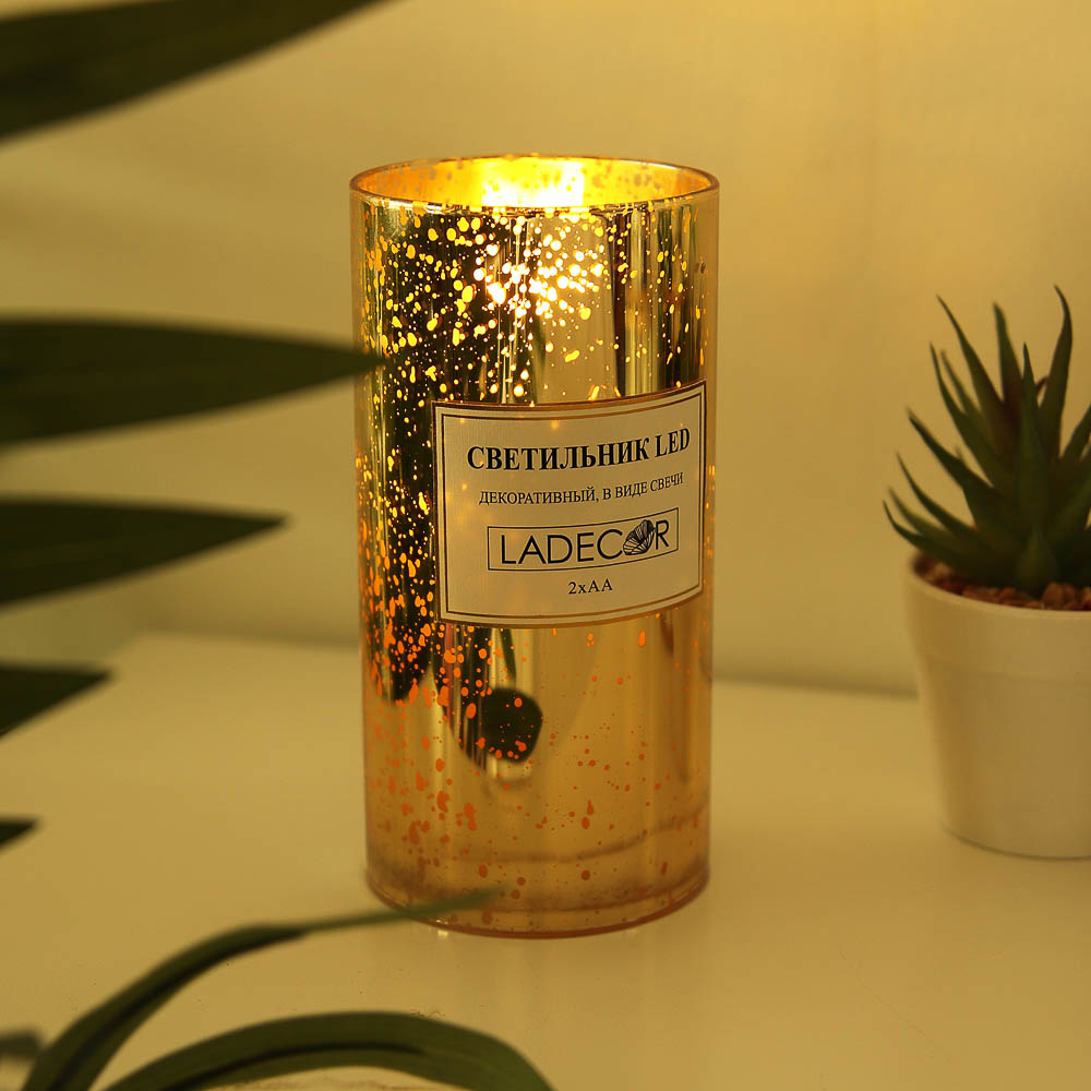 Светильник декоративный LED, стекло, парафин, 7,6x15 см, 2xАА, 1 режим свечения, 6 цветов, арт.№ 396-858