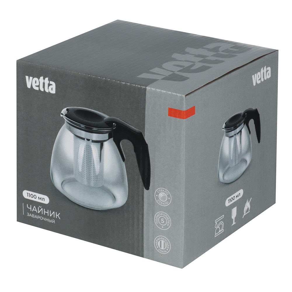 VETTA Чайник заварочный 1100мл, ситечко из нерж.стали, стекло, полипропилен, арт.№ 850-972