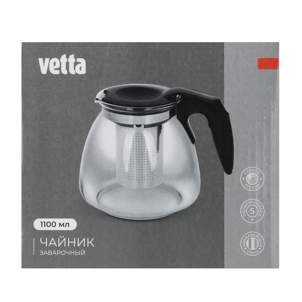 VETTA Чайник заварочный 1100мл, ситечко из нерж.стали, стекло, полипропилен, арт.№ 850-972