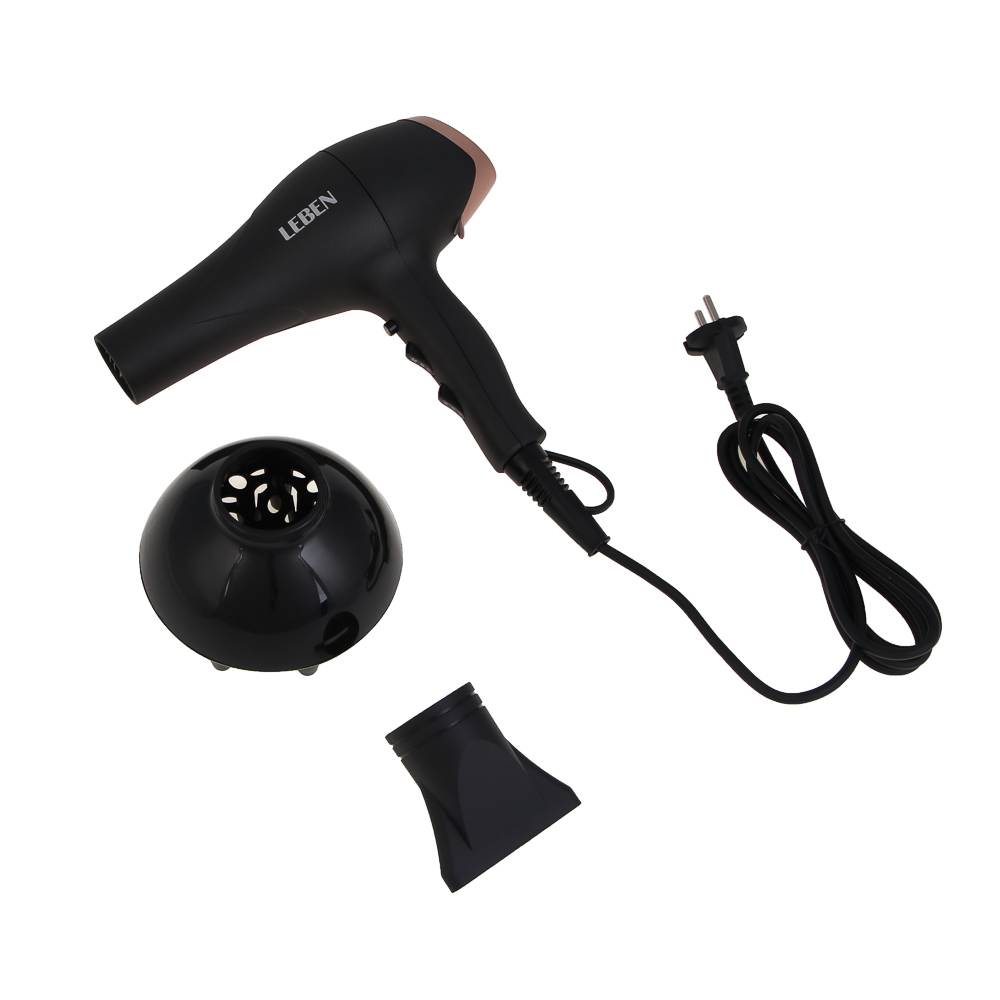 LEBEN Фен для волос, AC мотор, 2400 Вт, ионизация, шнур 200см, 2 скорости, 3 темп.реж., концентратор, арт.№ 259-233