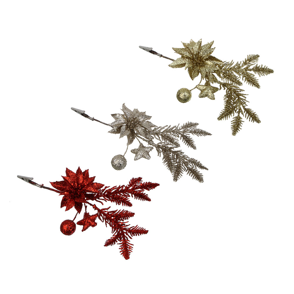 СНОУ БУМ Цветок на ветке 28 см, металл, пластик, глиттер, 3 цвета, арт.№ 348-100