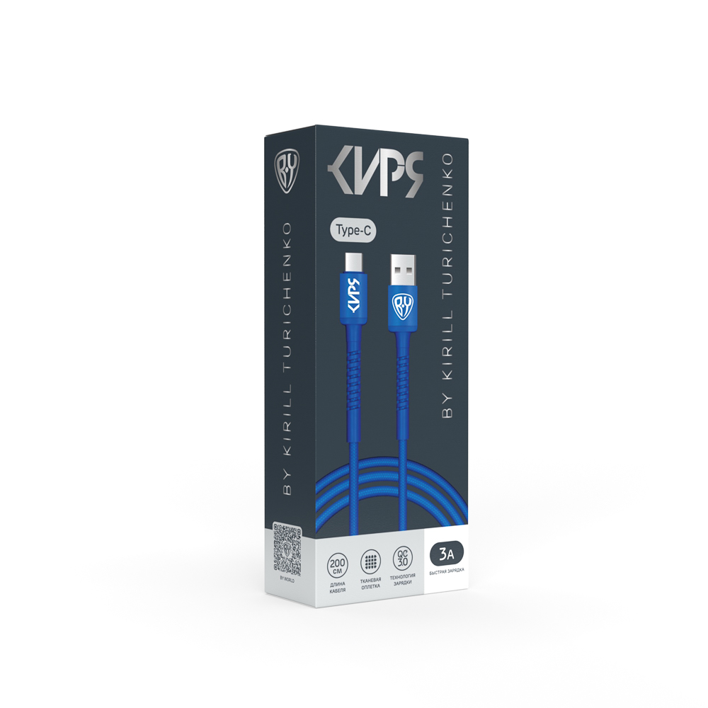 BY Киря Кабель для зарядки XXL Type-C, 2м, Быстрая зарядка 3А, QC, PD 36W, тканевый, синий, арт.№ 931-522
