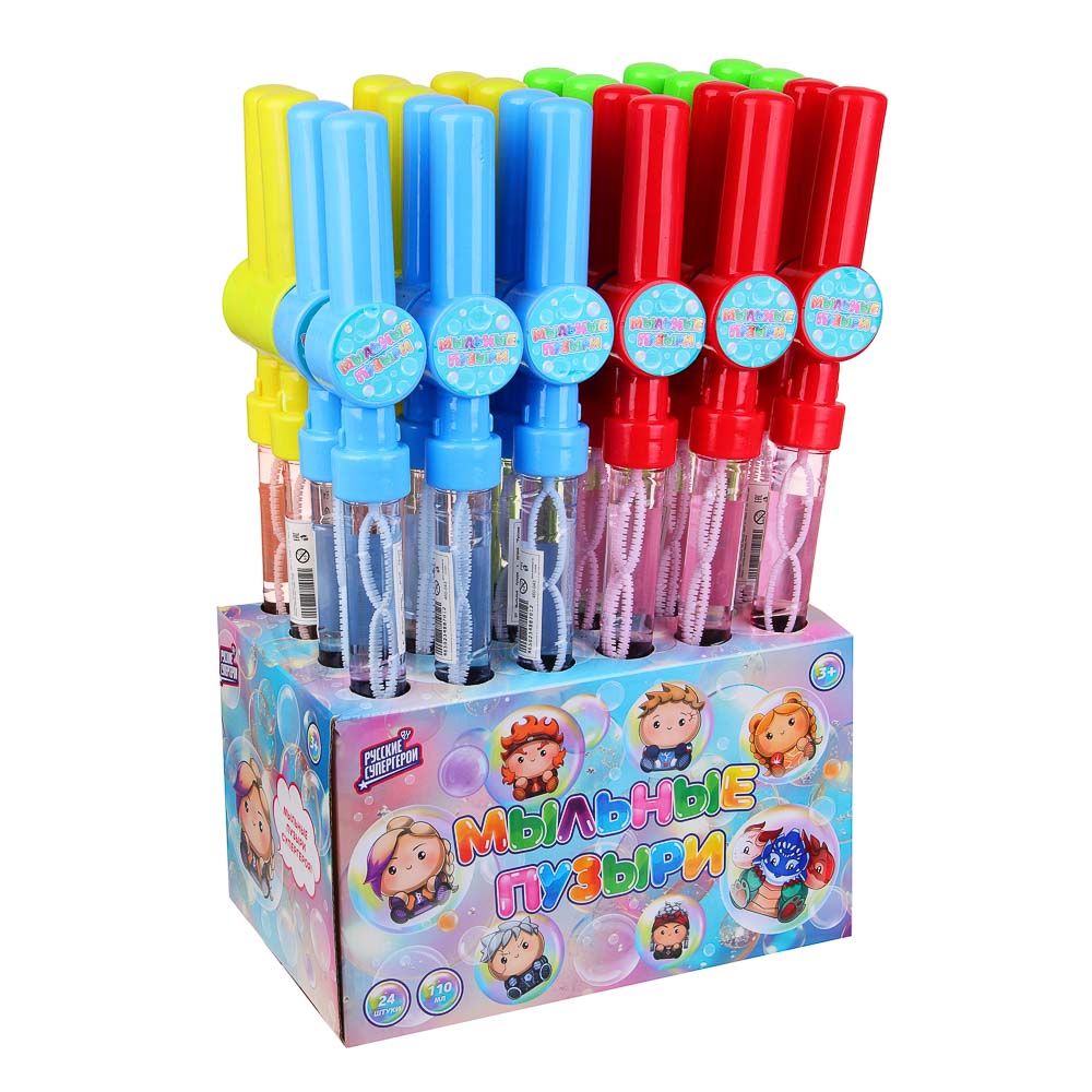 BY Мыльные пузыри с ручкой "Русские Супергерои" 110мл, ABS, PVC, мыльный р-р, 48х7х7см, 4 цвета, арт.№ 460-043