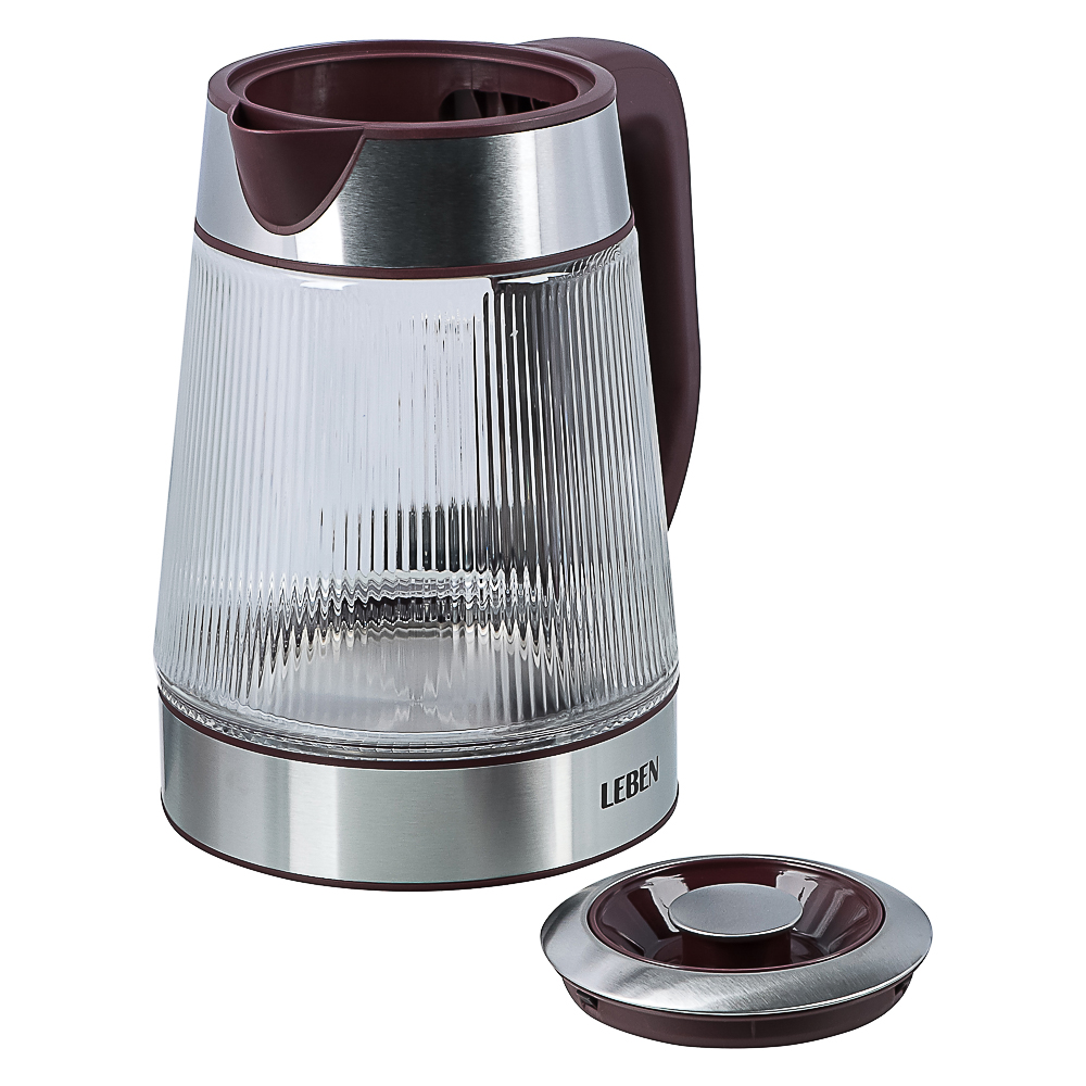 LEBEN Чайник электрический стеклянный 1,8л 1850 Вт рифленое стекло, бордовый, арт.№ 291-132