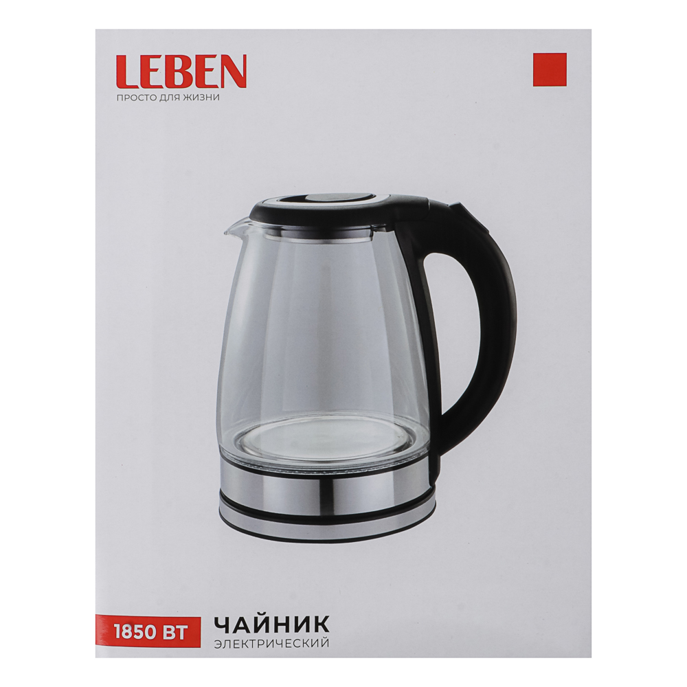 LEBEN Чайник электрический 1,8л стекло, черный, арт.№ 291-133