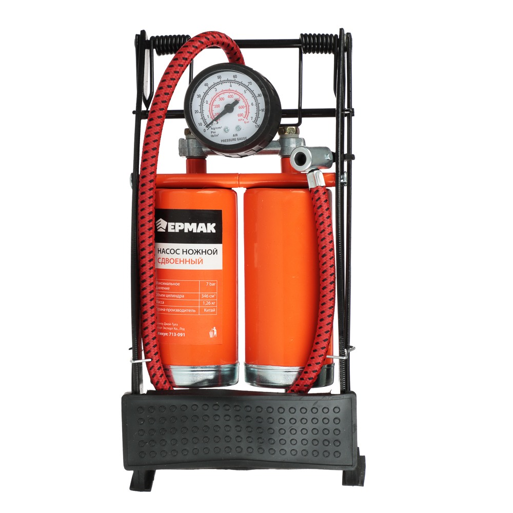 ЕРМАК Насос ножной, сдвоенный, манометр, 2x55x120мм, красный, Дабл, арт.№ 713-091